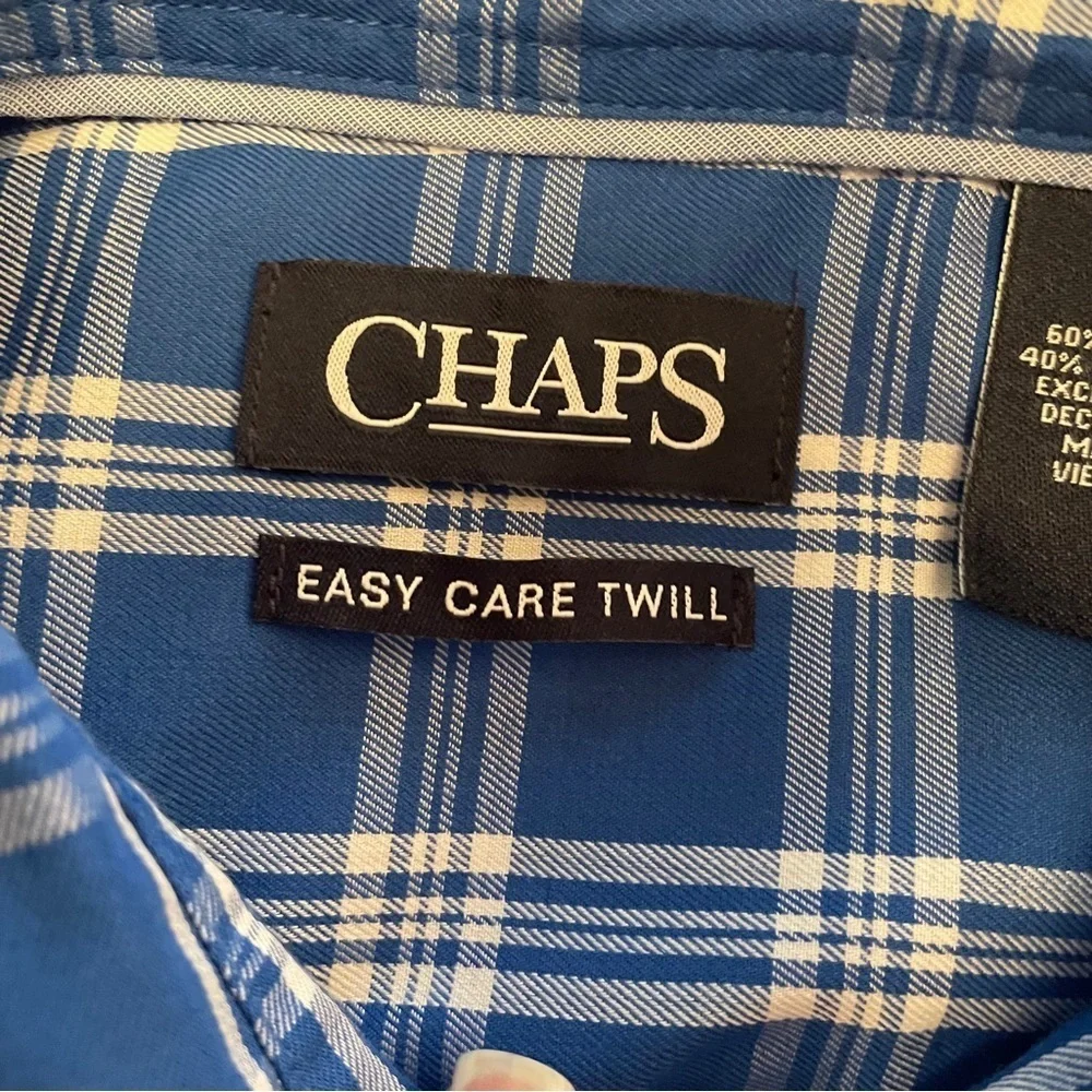 Chaps Easy Care Twill Blue/White Checked Mens Shirt -Size Large - Picture 8 of 9